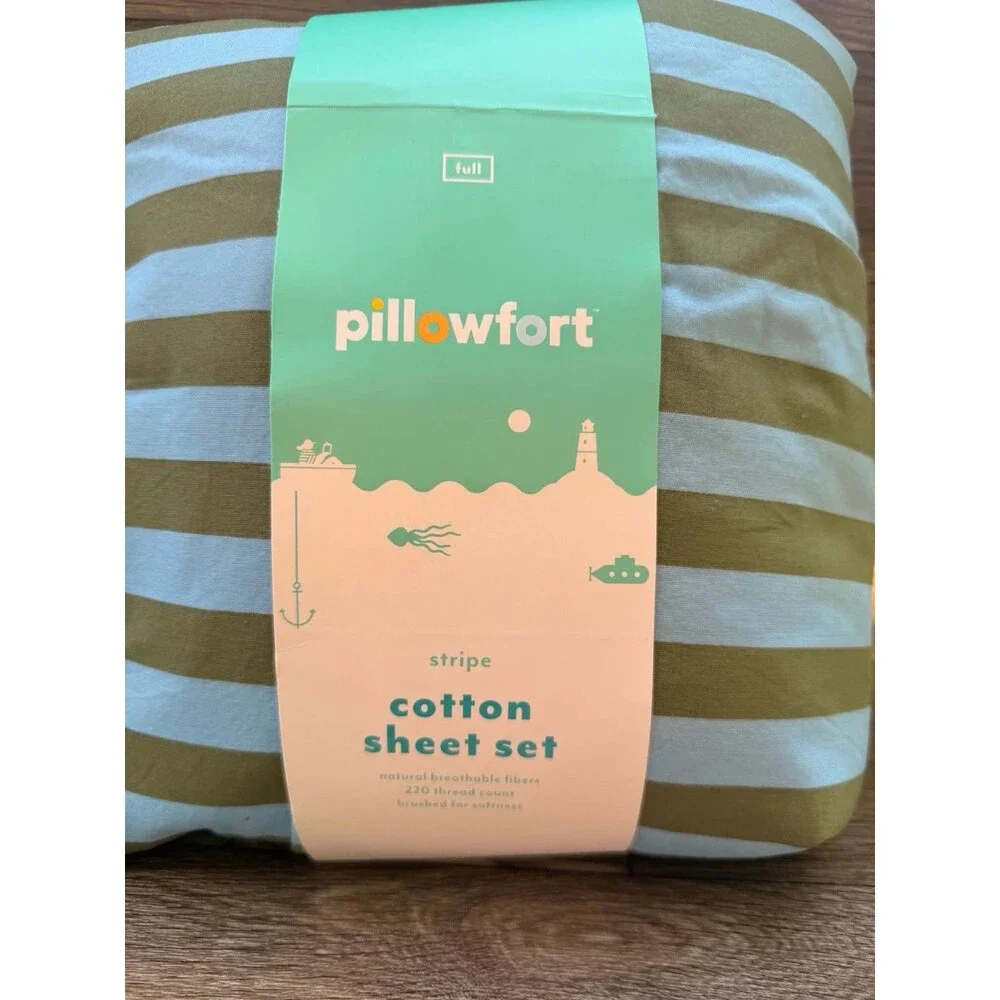 Pillowfort Full Striped Cotton Kids Sheet Set Blue Green New Open Package